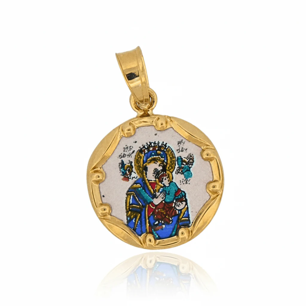 14K Gold & Hand-Painted Porcelain Our Lady of Perpetual Help Medal — Round (0.5”)