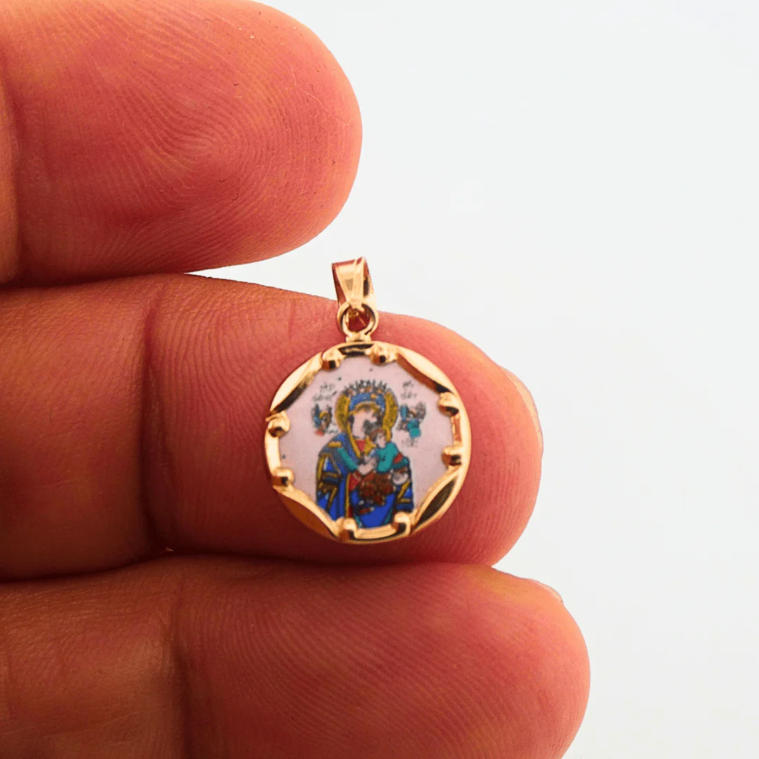 14K Gold & Hand-Painted Porcelain Our Lady of Perpetual Help Medal — Round (0.5”) - Image 2