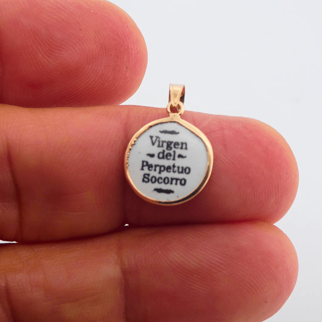 14K Gold & Hand-Painted Porcelain Our Lady of Perpetual Help Medal — Round (0.5”) - Image 3