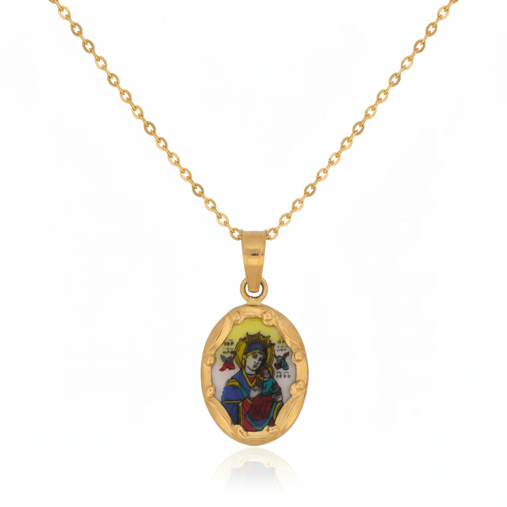 14K Gold & Hand-Painted Porcelain Our Lady of Perpetual Help Medal — Oval (0.3” × 0.5”) - Image 6