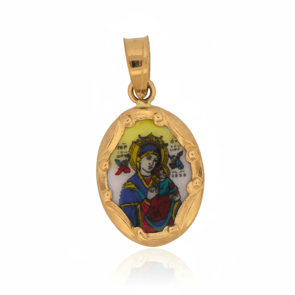 14K Gold & Hand-Painted Porcelain Our Lady of Perpetual Help Medal — Oval (0.3” × 0.5”) - Image 7