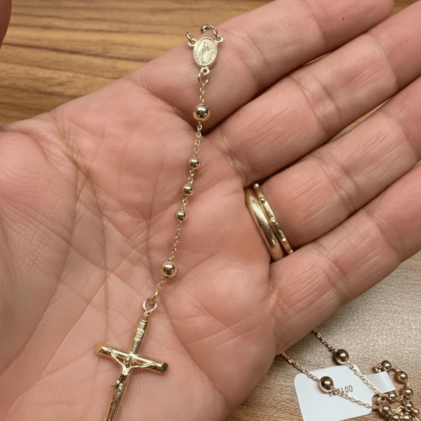 14K Gold Rosary Necklace with Miraculous Medal & Crucifix (18”) - Image 3