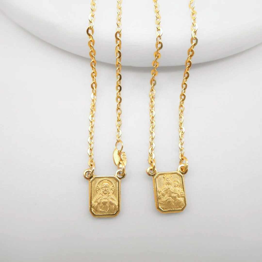 18K Gold Scapular Necklace — Sacred Heart & Our Lady of Mount Carmel (Small, 24”) - Image 3