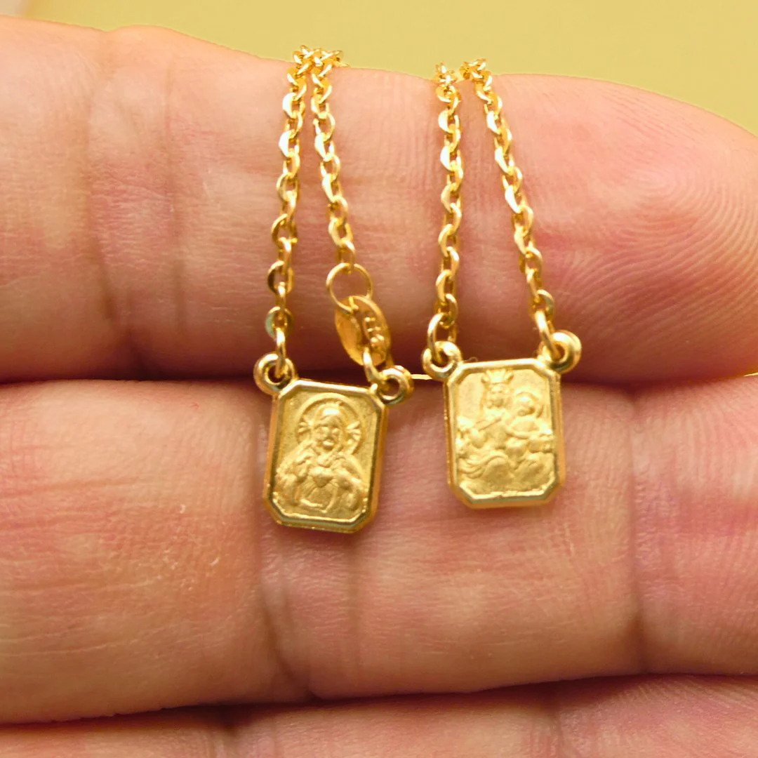 18K Gold Scapular Necklace — Sacred Heart & Our Lady of Mount Carmel (Small, 24”) - Image 4