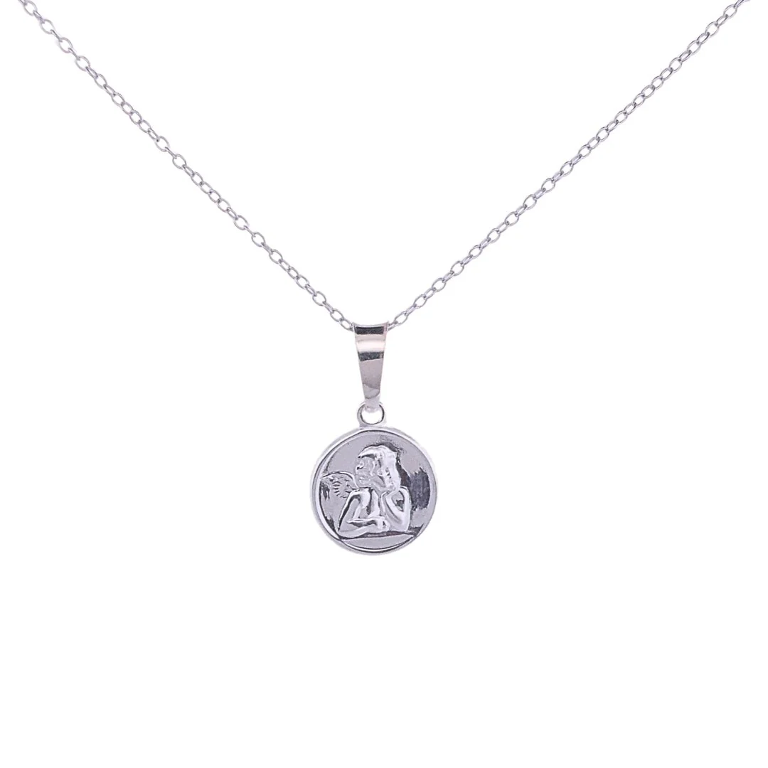Silver Angel de la Guarda Round Pendant Necklace 18"