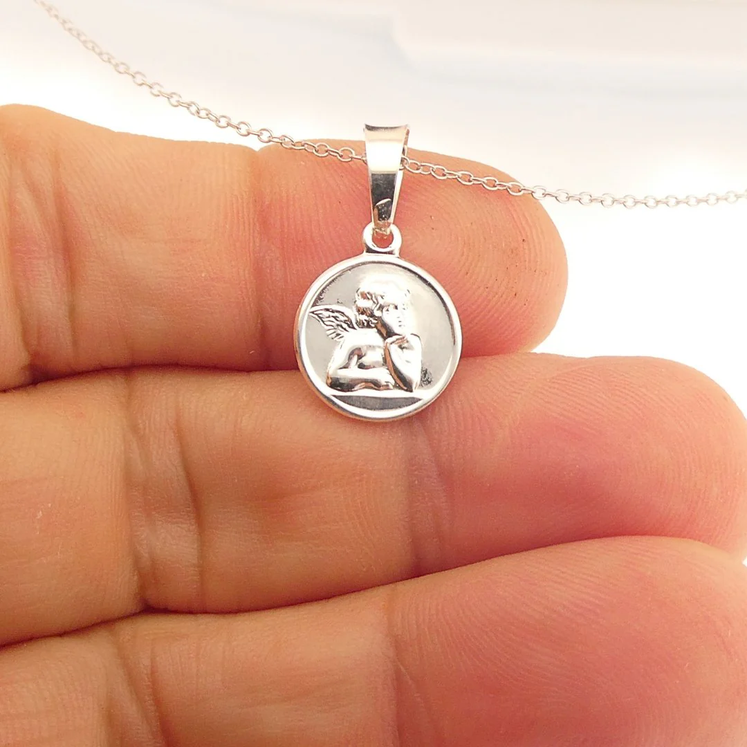 Silver Angel de la Guarda Round Pendant Necklace 18" - Image 2