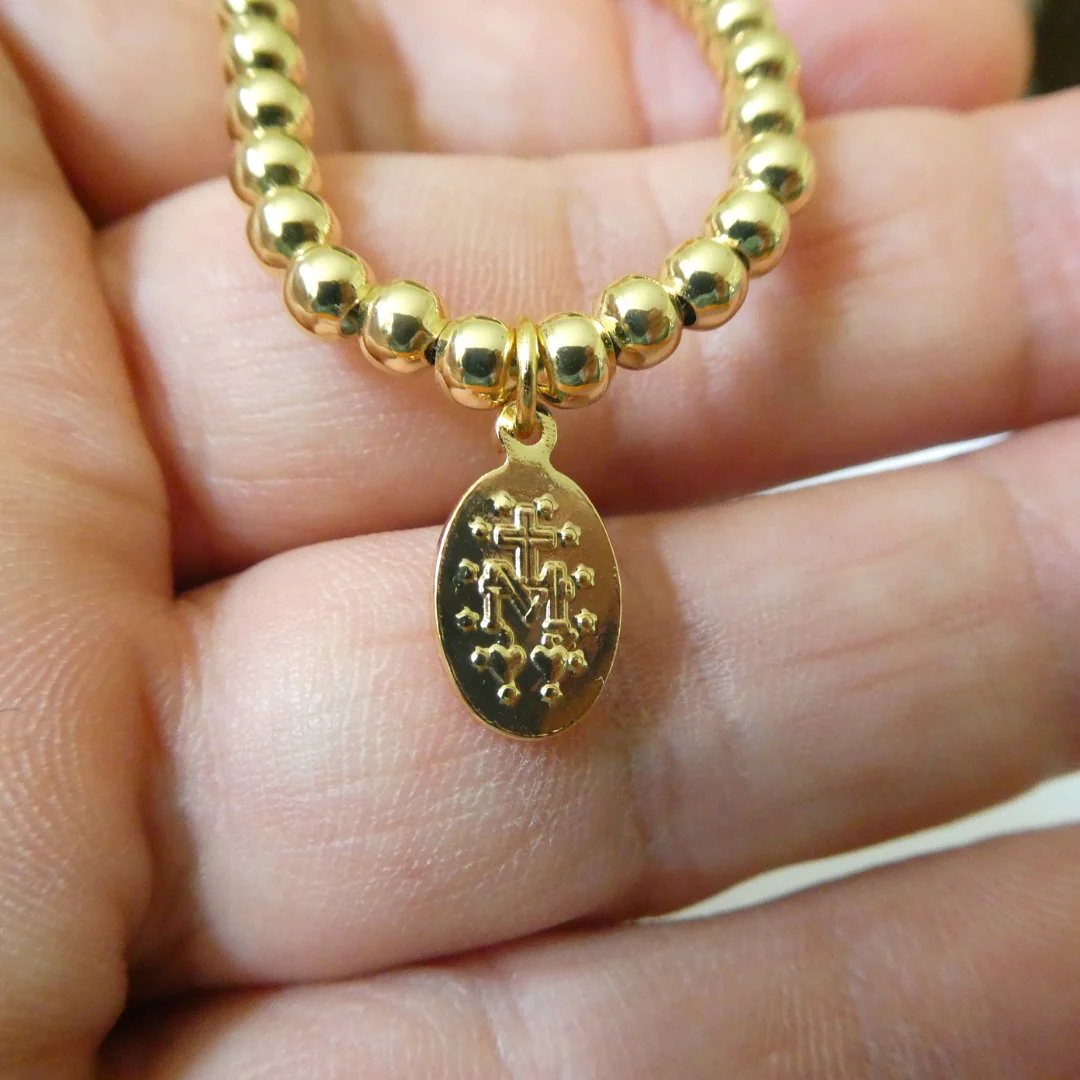 Gold-Plated Miraculous Medal Beaded Chain Bracelet — Adjustable - Image 5