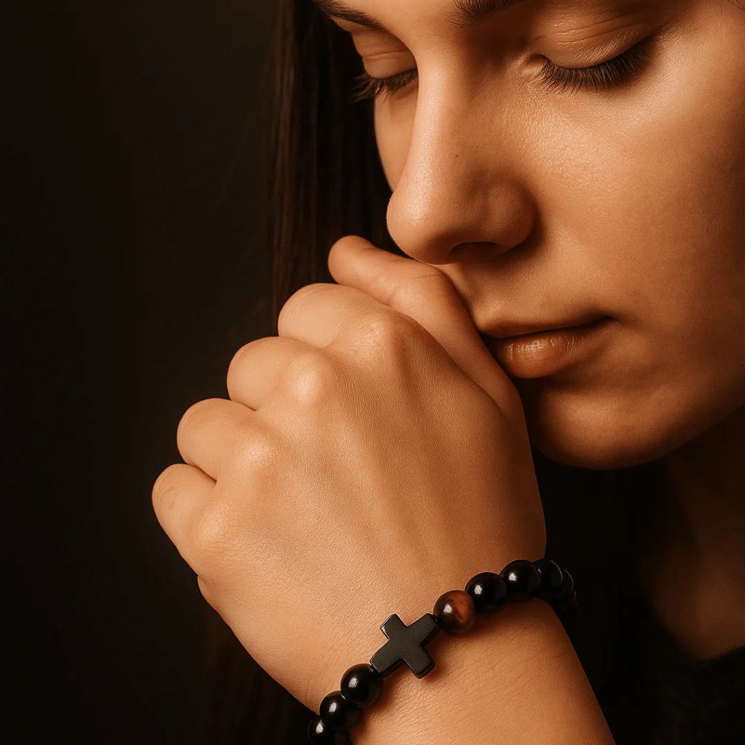 Black Agate Beaded Cross Bracelet with Tiger Eye Accents – Unisex Catholic Jewelry 7" - Image 2