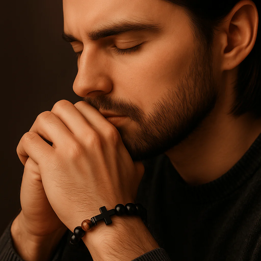 Black Agate Beaded Cross Bracelet with Tiger Eye Accents – Unisex Catholic Jewelry 7" - Image 3