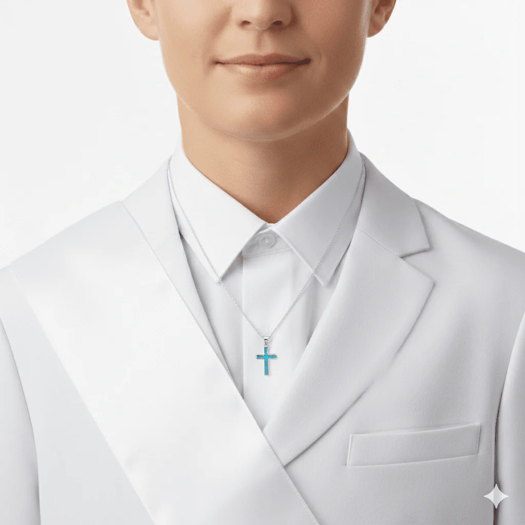 Silver Thin Cross Necklace w/ Blue Opal 18-inch - Image 3