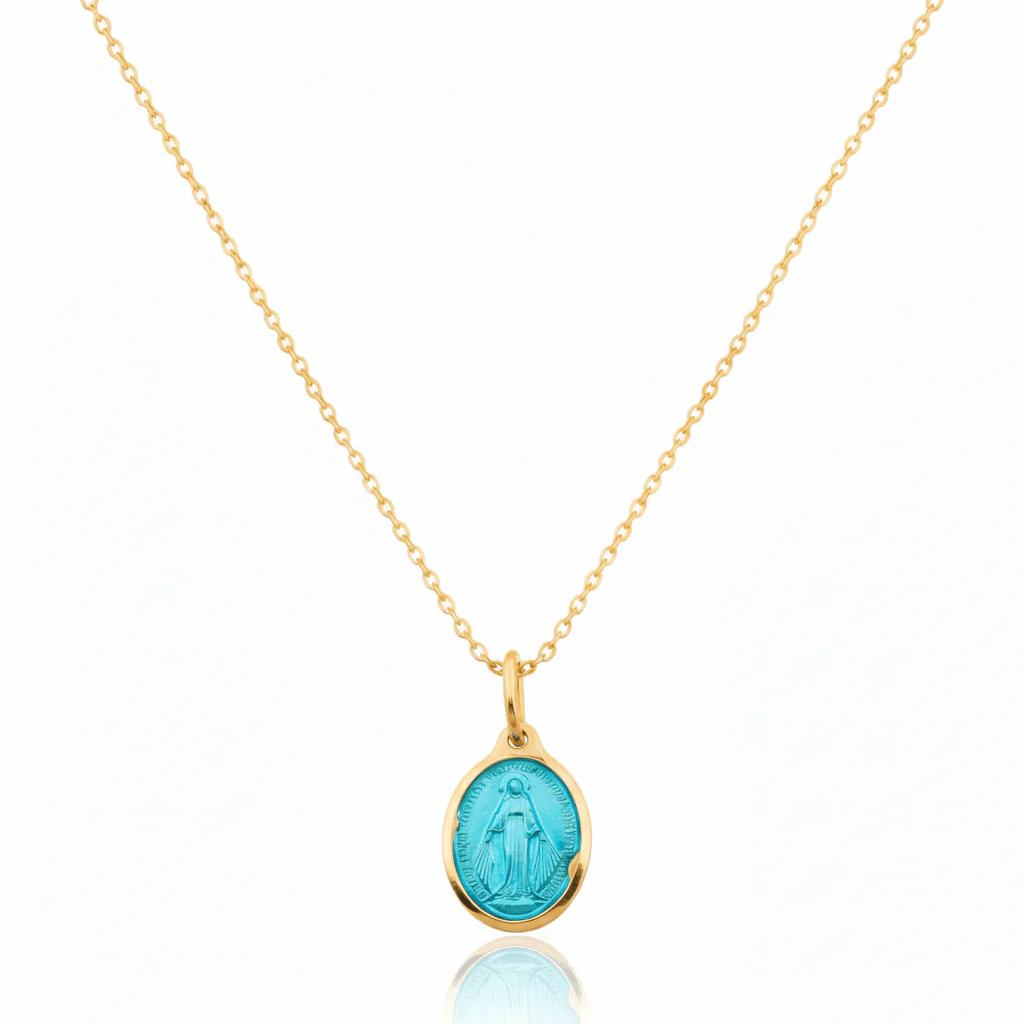 Gold-Plated Blue Enamel Miraculous Medal Necklace — Rue du Bac, Paris (18”)