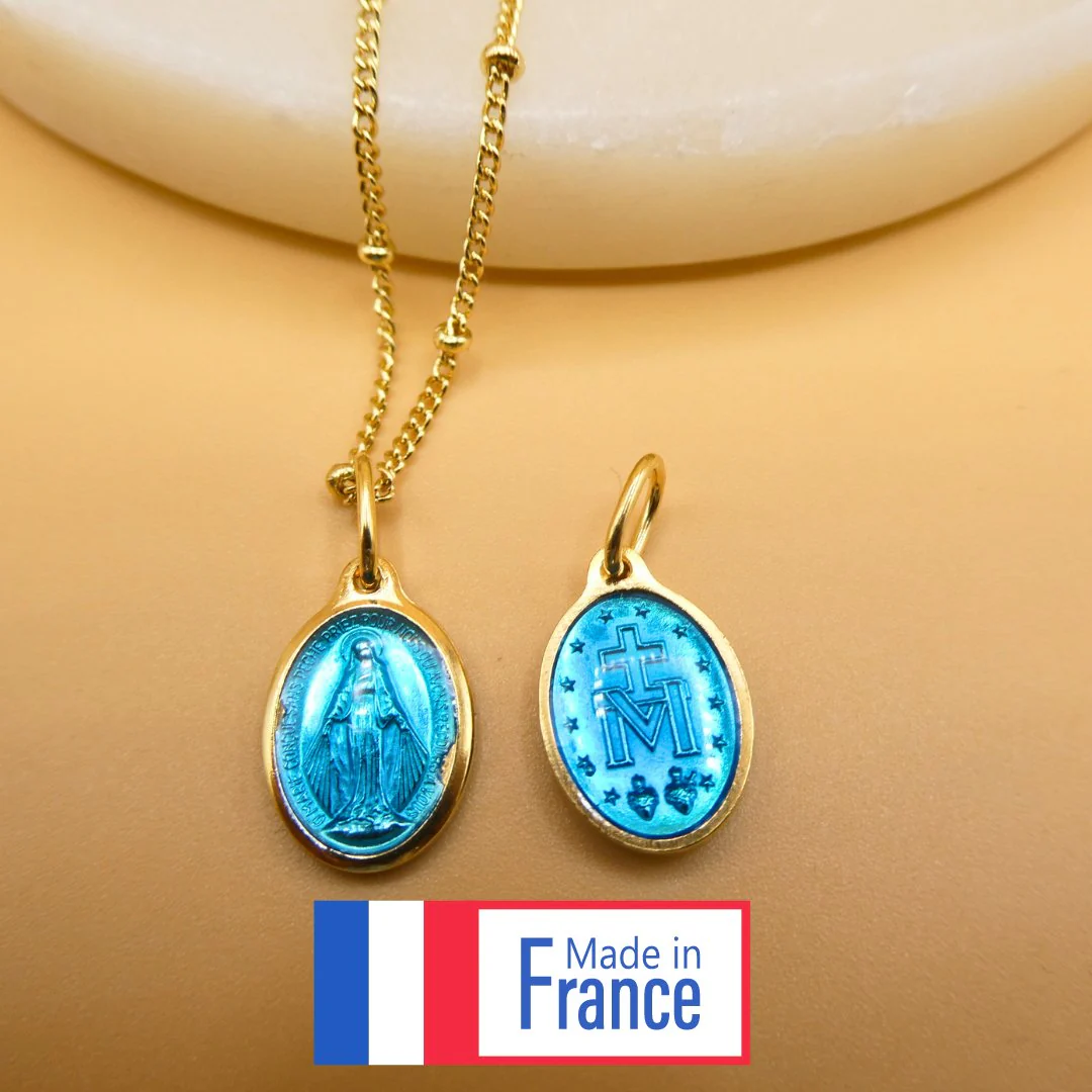Gold-Plated Blue Enamel Miraculous Medal Necklace — Rue du Bac, Paris (18”) - Image 3