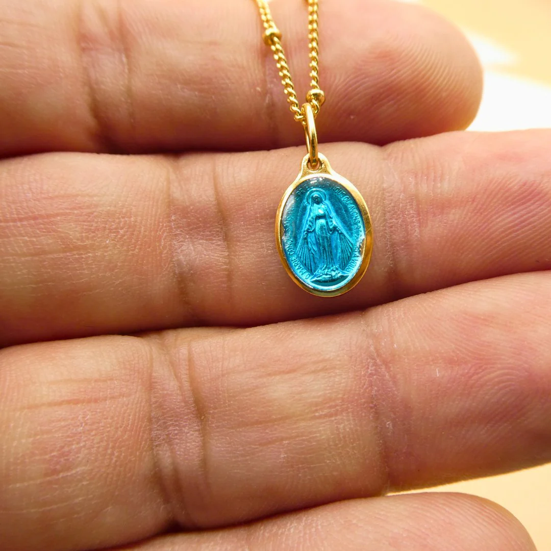Gold-Plated Blue Enamel Miraculous Medal Necklace — Rue du Bac, Paris (18”) - Image 4