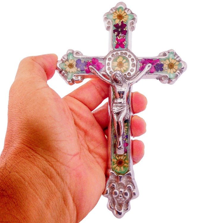 Baroque Wall Small Crucifix w/ Pressed Flowers 7.5" - Image 7