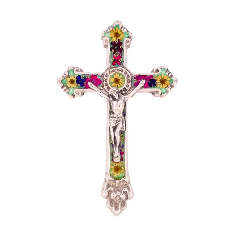 Baroque Wall Small Crucifix w/ Pressed Flowers 7.5" - Image 9