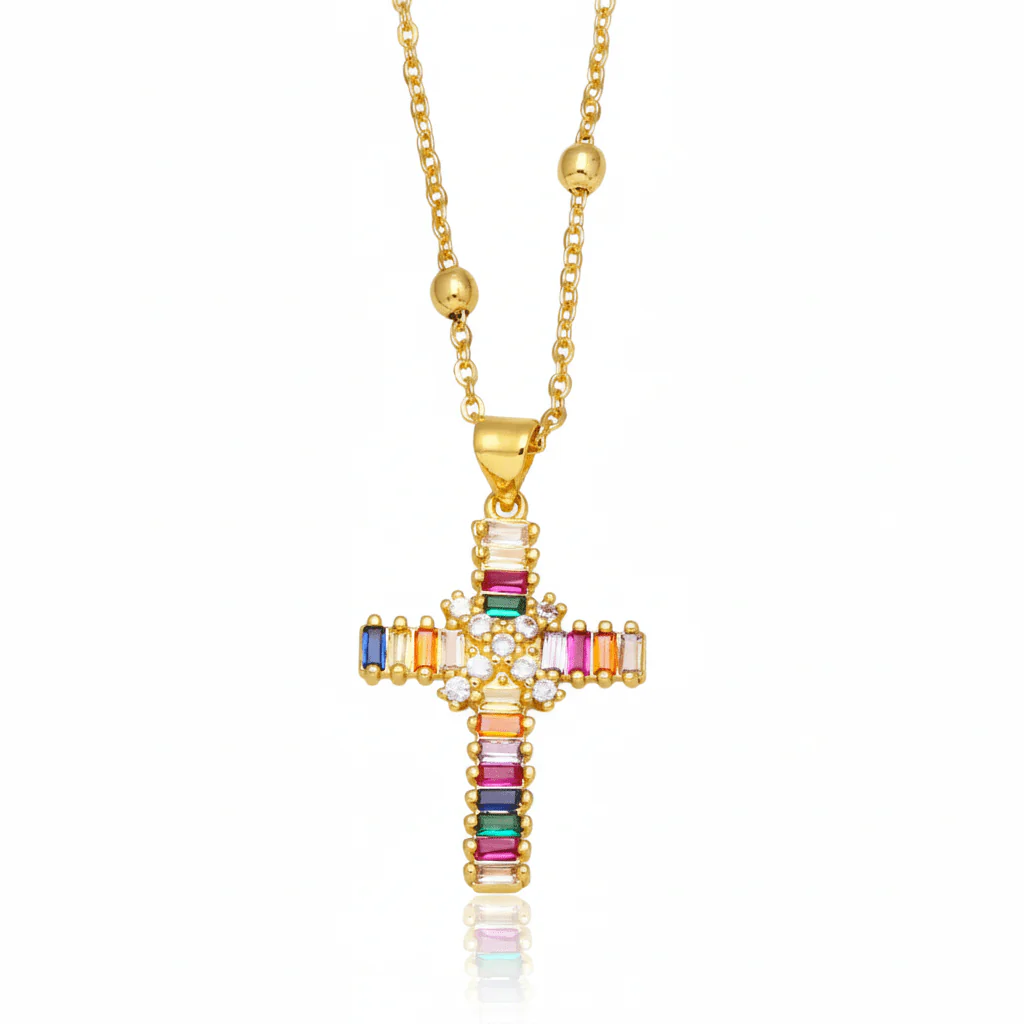 Gold-Plated Multicolored Zirconia Cross Necklace 18-inch