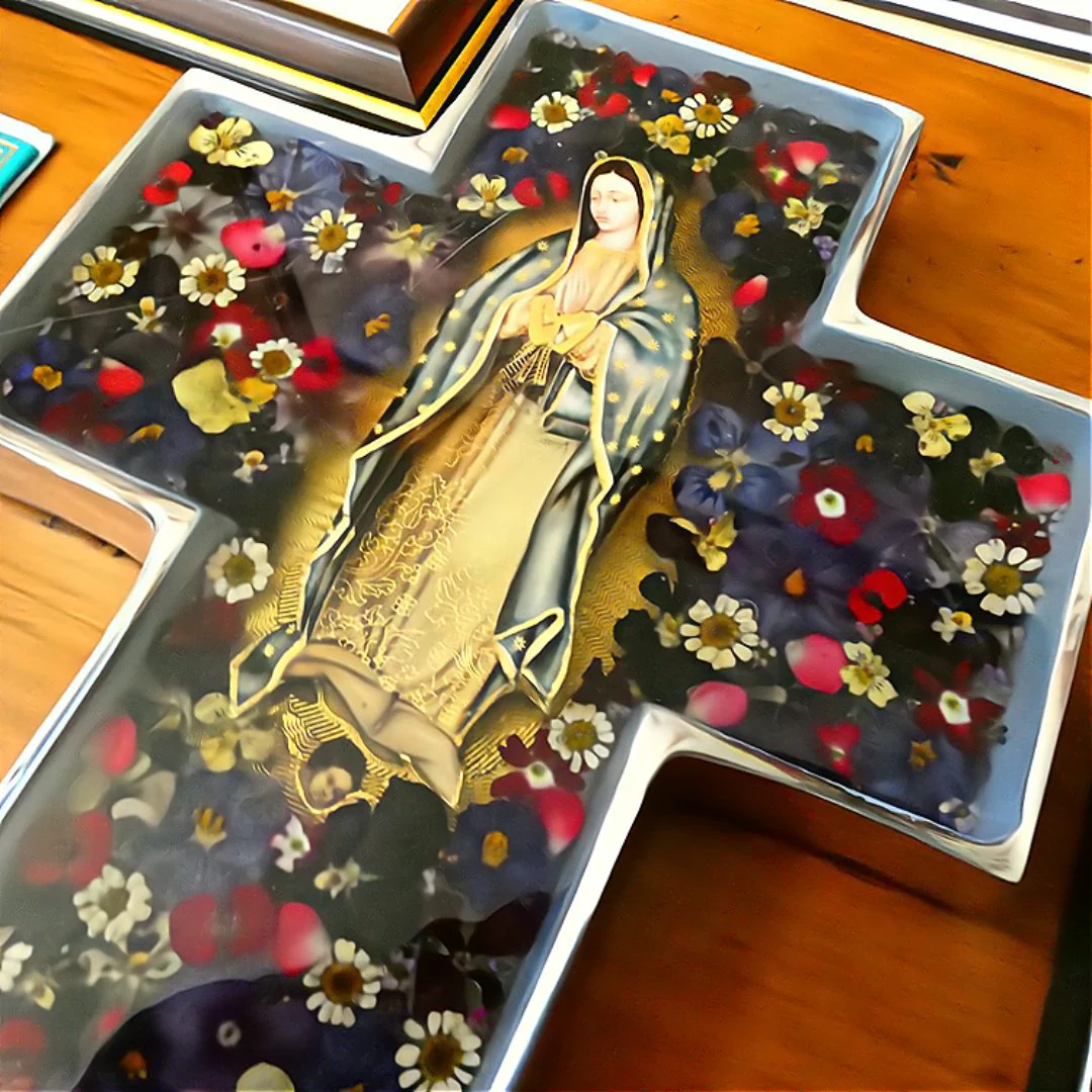 Virgen de Guadalupe Grand Wall Cross w/ Pressed Flowers 11" - Image 4