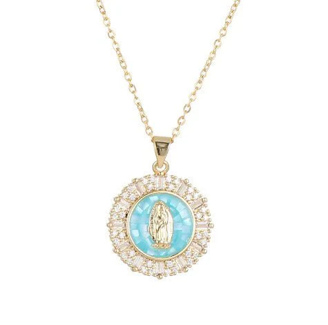 Gold-Plated Mary Necklace with Crystals 18" - Multiple Colors - Image 3