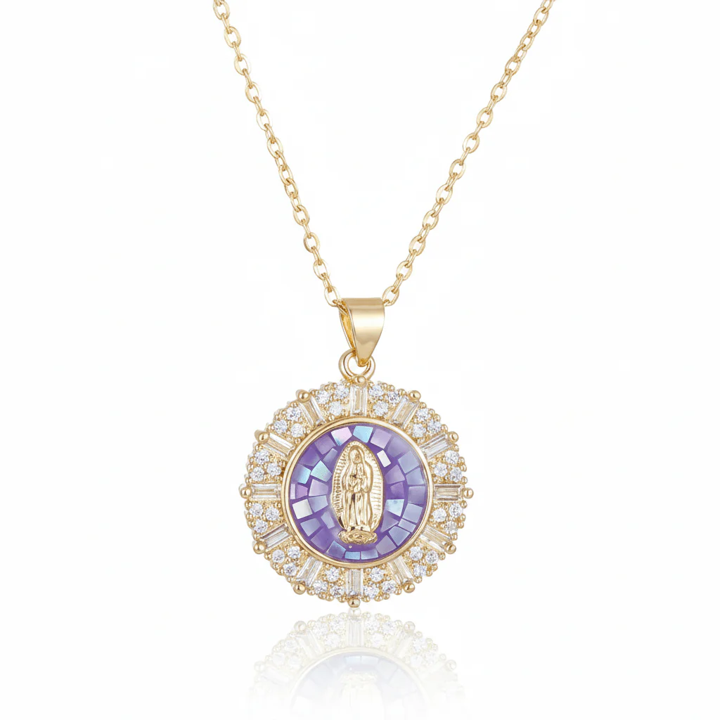 Gold-Plated Mary Necklace with Crystals 18" - Multiple Colors - Image 5