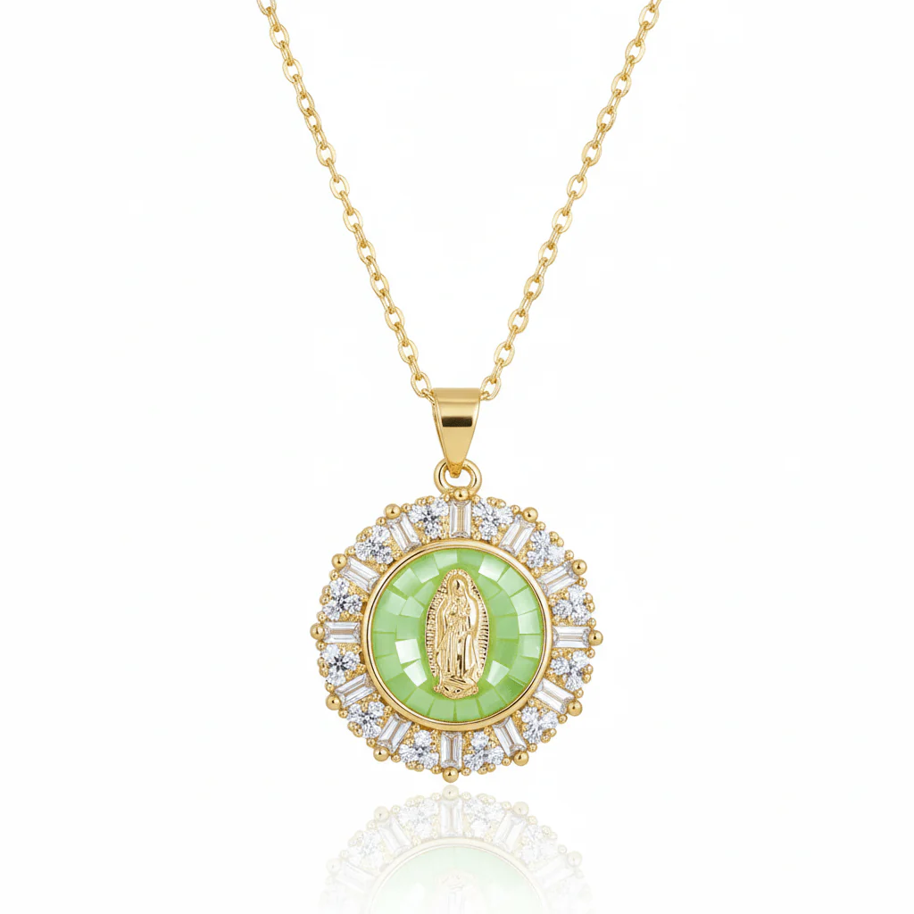 Gold-Plated Mary Necklace with Crystals 18" - Multiple Colors - Image 6