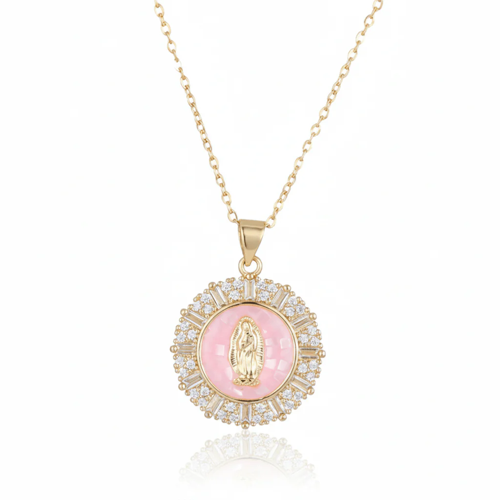 Gold-Plated Mary Necklace with Crystals 18" - Multiple Colors - Image 7