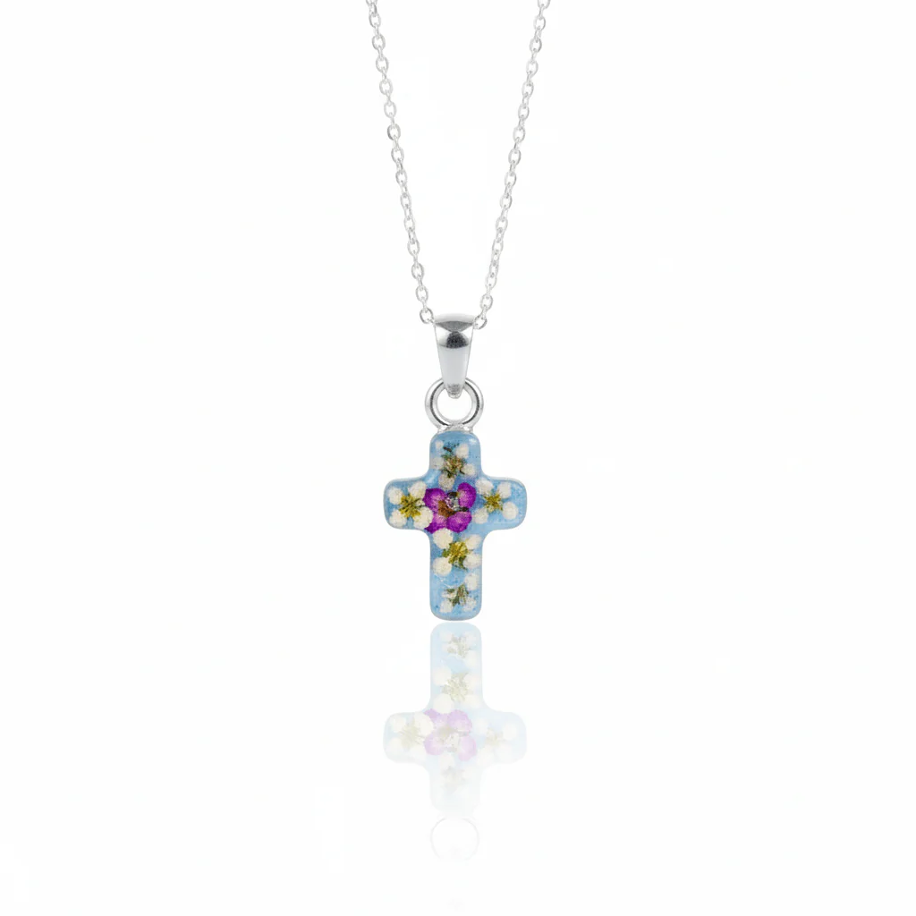 Dainty Cross Necklace w/ Pressed Flowers 18-inch
