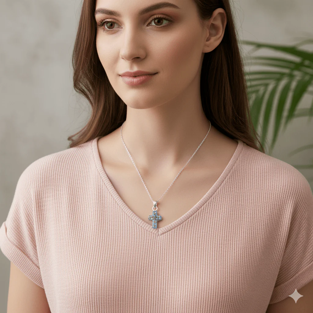 Dainty Cross Necklace w/ Pressed Flowers 18-inch - Image 2