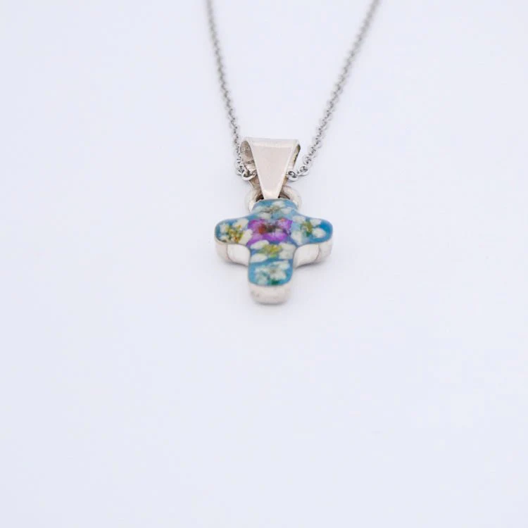 Dainty Cross Necklace w/ Pressed Flowers 18-inch - Image 6