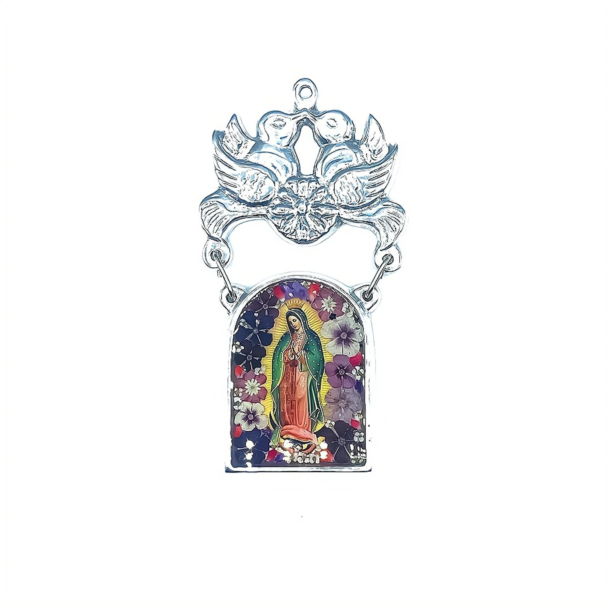 Guadalupe Small Dove-Shaped Wall Plaque w/ Pressed Flowers 3.1" x 3.9"