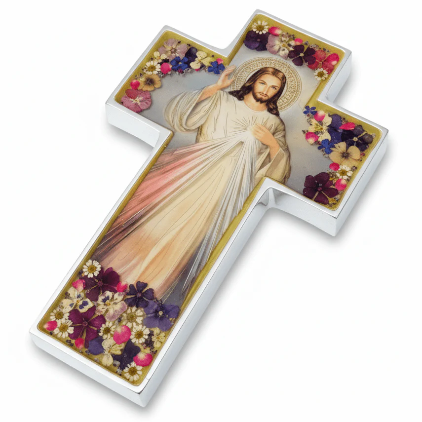 Divine Mercy Grand Wall Cross w/ Pressed Flowers 11" - Image 10