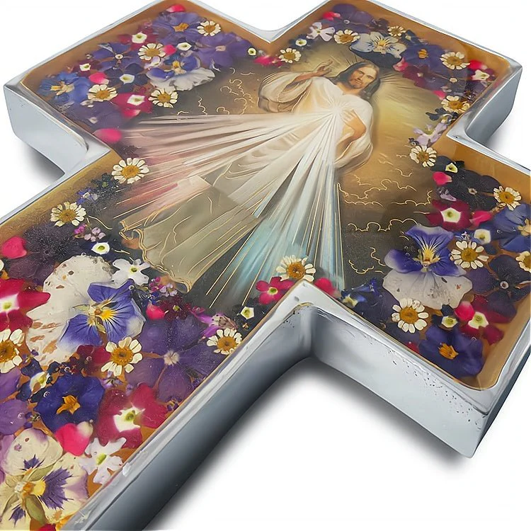 Divine Mercy Grand Wall Cross w/ Pressed Flowers 11" - Image 4