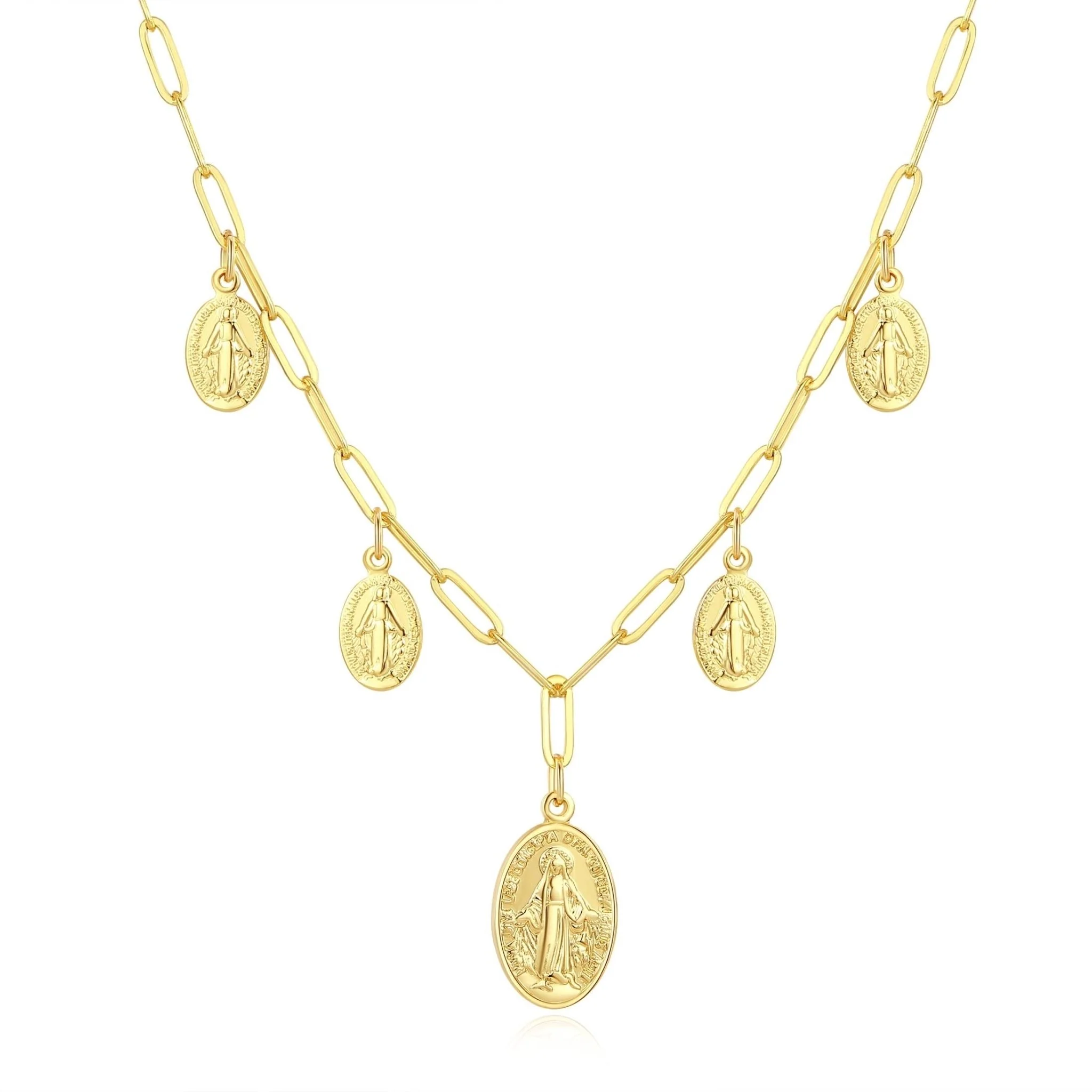 Gold-Plated Five Miraculous Medal Paperclip Chain Necklace 18-inch