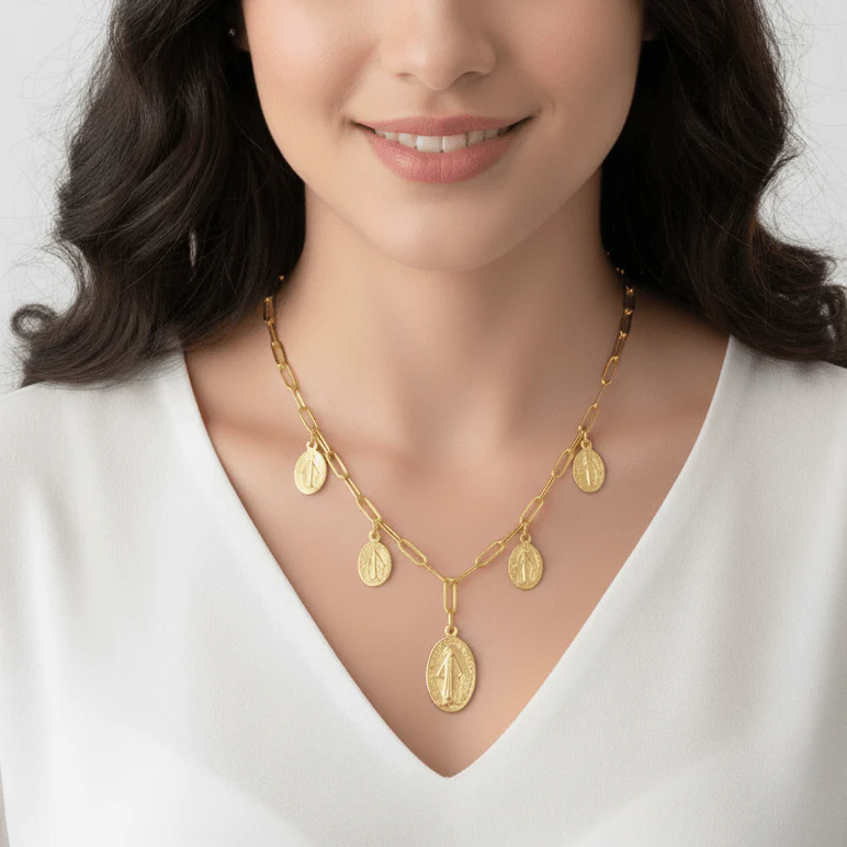 Gold-Plated Five Miraculous Medal Paperclip Chain Necklace 18-inch - Image 2