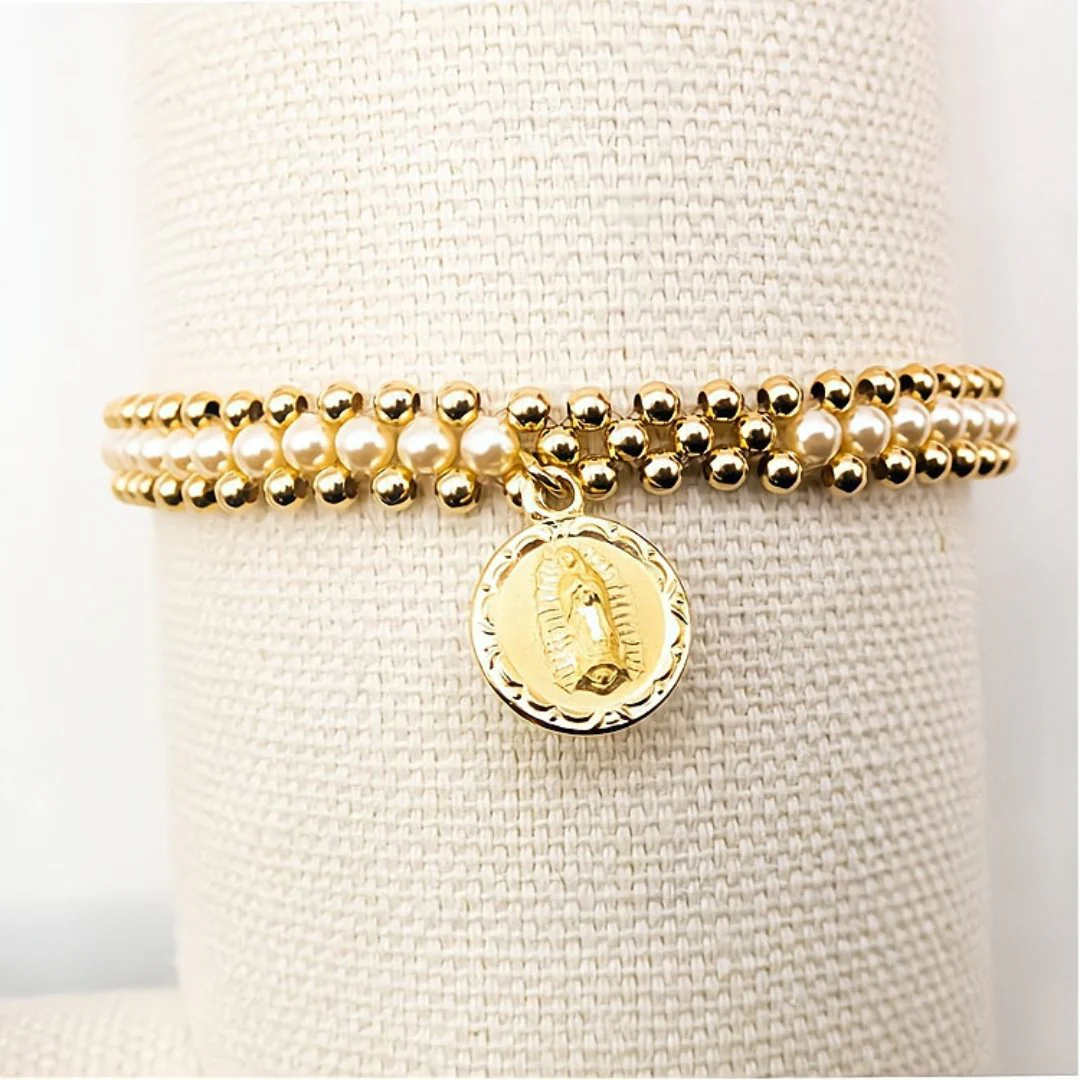 Gold Our Lady of Guadalupe Elastic Bracelet w/ Beads and Pearls 7.5-inch - Image 3