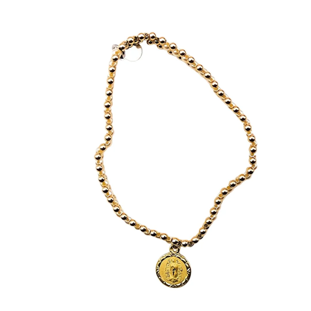 Gold Our Lady of Guadalupe Elastic Bracelet w/ Beads and Pearls 7.5-inch - Image 4