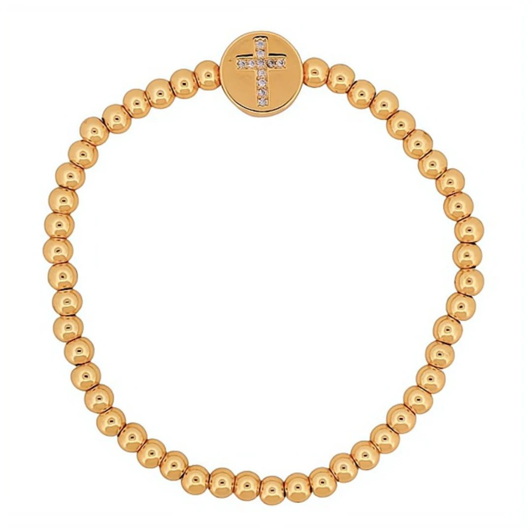 Gold-Plated Beaded Cross Bracelet w/ White Zirconias 7-inch