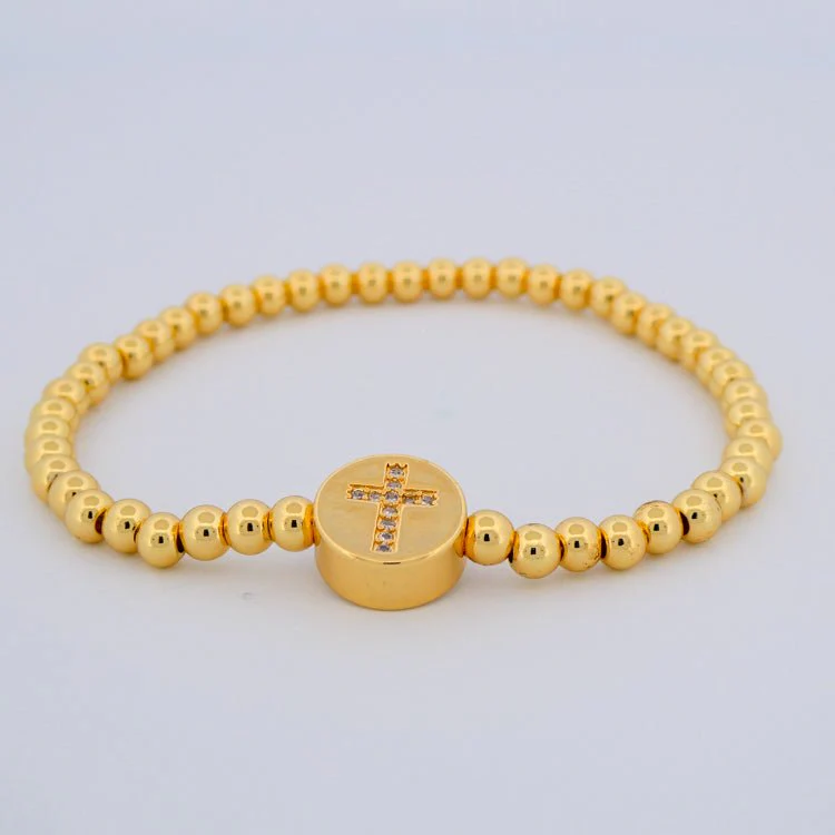 Gold-Plated Beaded Cross Bracelet w/ White Zirconias 7-inch - Image 2