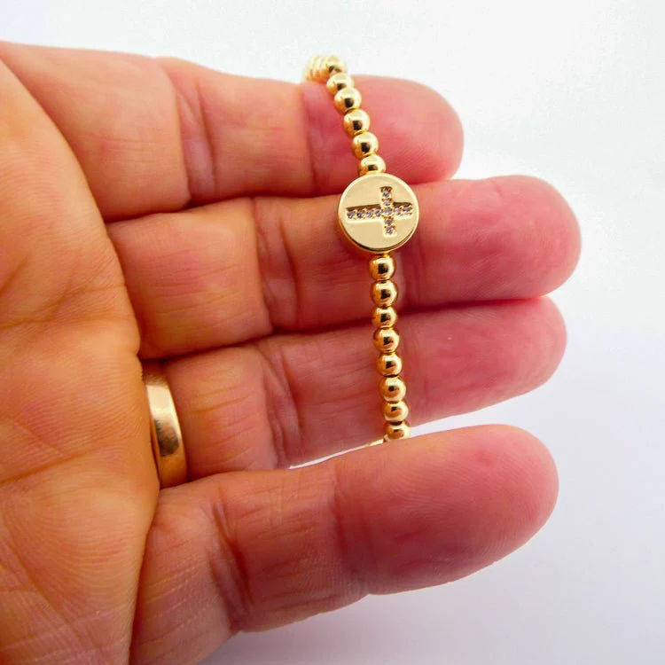 Gold-Plated Beaded Cross Bracelet w/ White Zirconias 7-inch - Image 3
