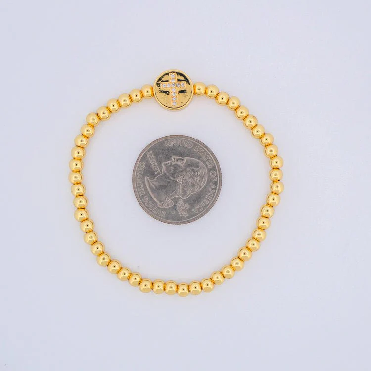 Gold-Plated Beaded Cross Bracelet w/ White Zirconias 7-inch - Image 4