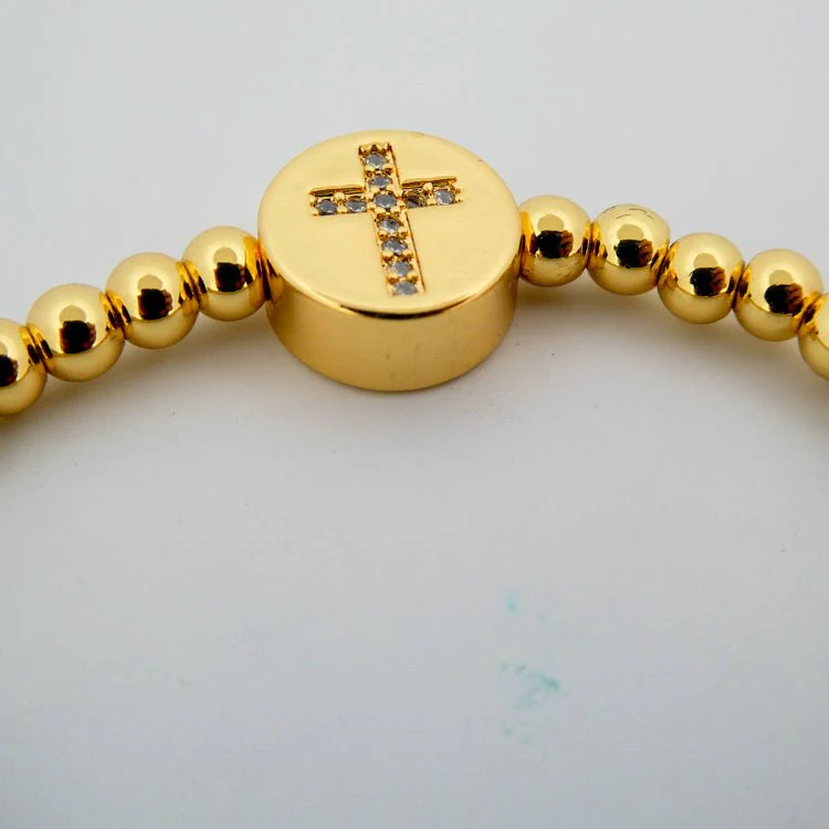 Gold-Plated Beaded Cross Bracelet w/ White Zirconias 7-inch - Image 5