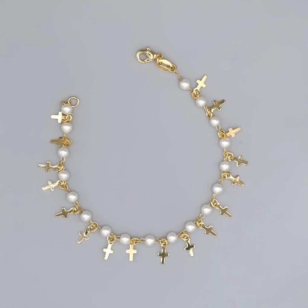 Gold-Plated Cross Charm Bracelet w/ Simulated Pearls 7.5-inch - Image 3