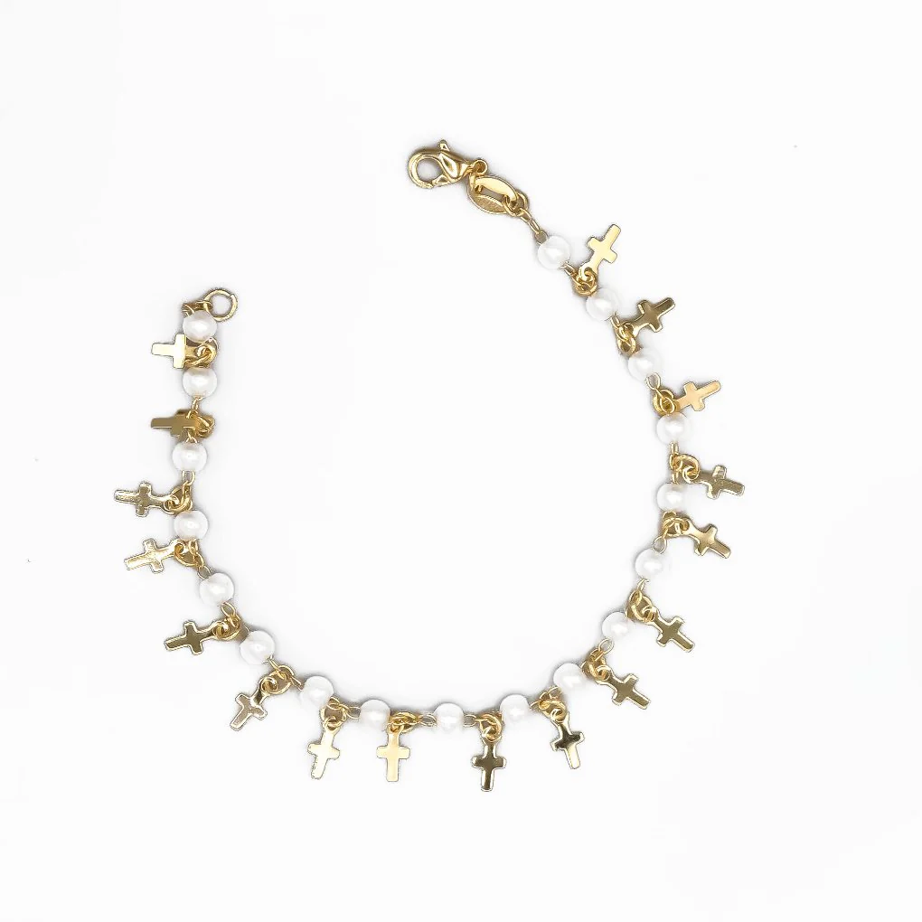 Gold-Plated Cross Charm Bracelet w/ Simulated Pearls 7.5-inch - Image 4