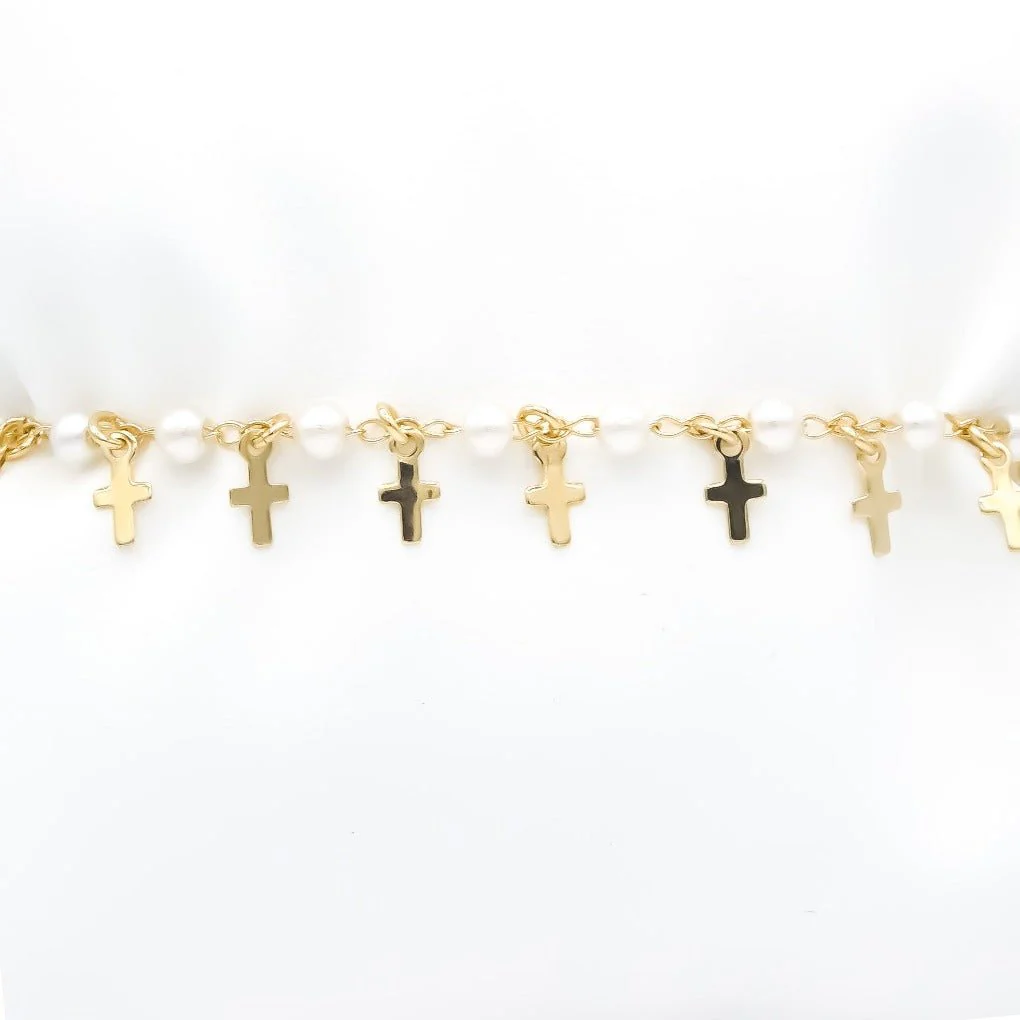 Gold-Plated Cross Charm Bracelet w/ Simulated Pearls 7.5-inch - Image 5