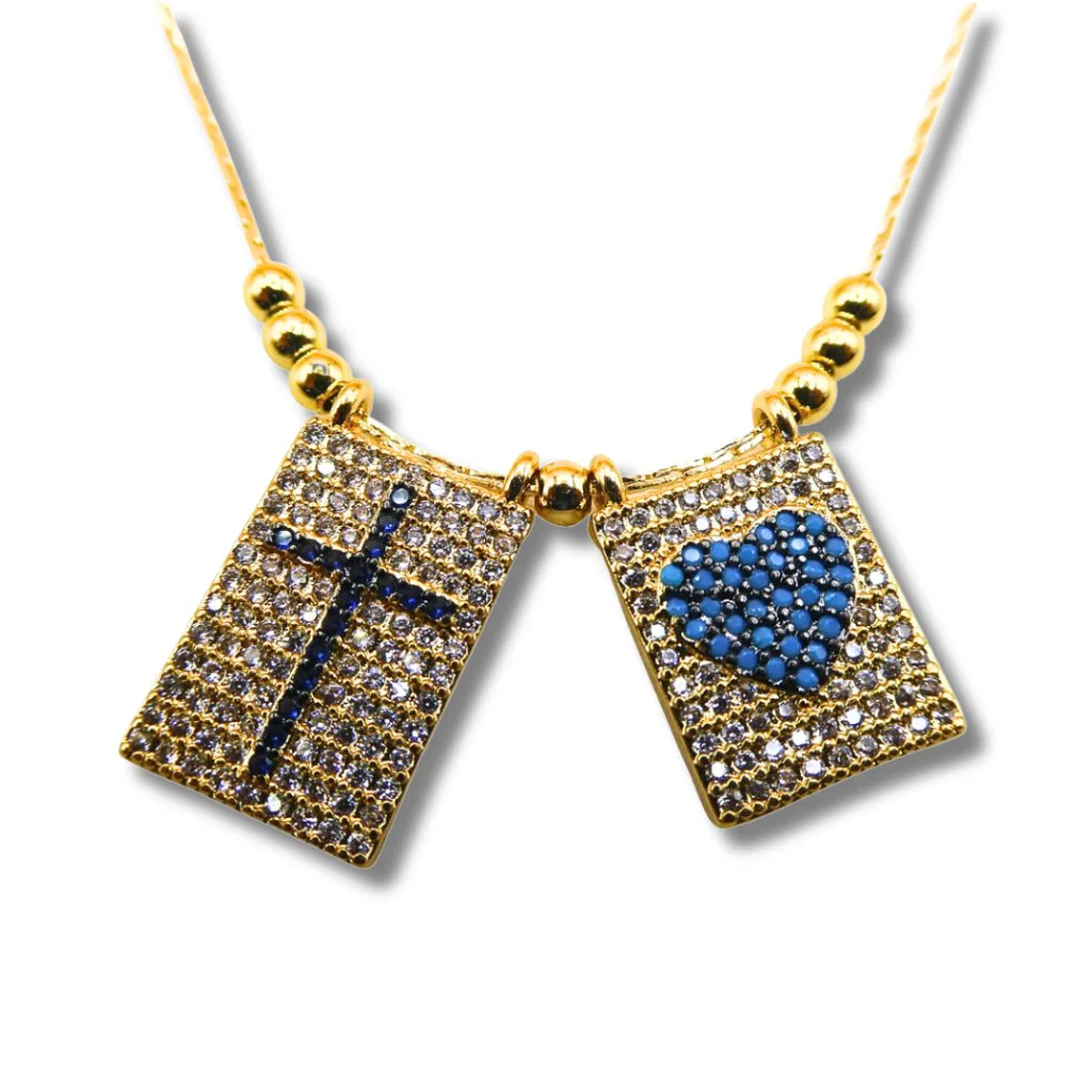Gold-Plated Cross & Heart Necklace with White and Blue Cubic Zirconia (18")