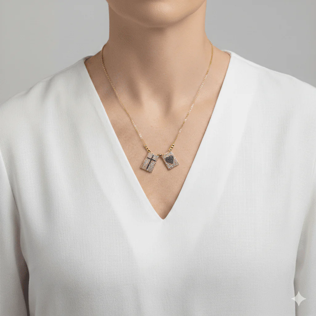 Gold-Plated Cross & Heart Necklace with White and Blue Cubic Zirconia (18") - Image 2