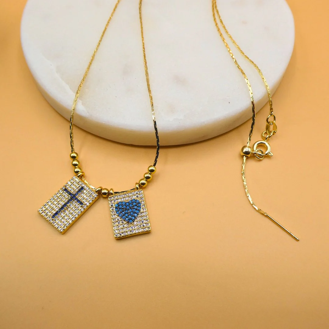 Gold-Plated Cross & Heart Necklace with White and Blue Cubic Zirconia (18") - Image 3