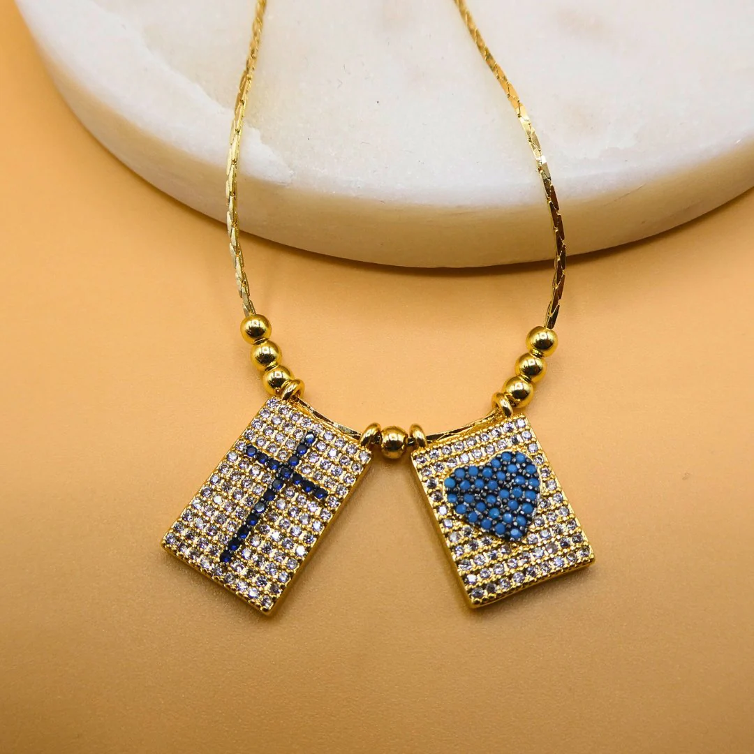 Gold-Plated Cross & Heart Necklace with White and Blue Cubic Zirconia (18") - Image 4
