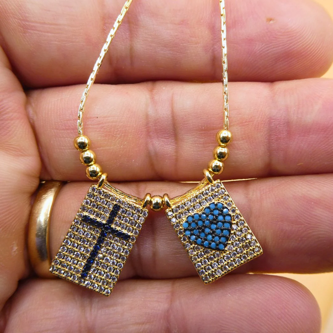 Gold-Plated Cross & Heart Necklace with White and Blue Cubic Zirconia (18") - Image 5