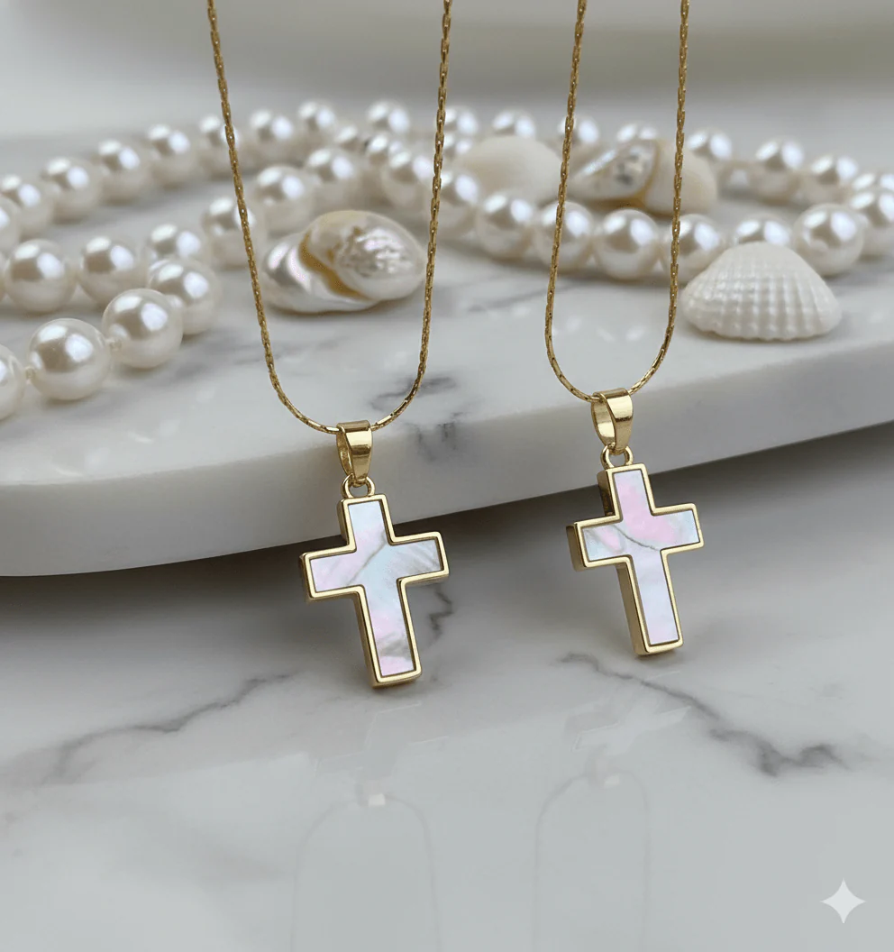 Gold-Plated Cross Necklace w/ Mother-of-Pearl 18-inch - Image 3