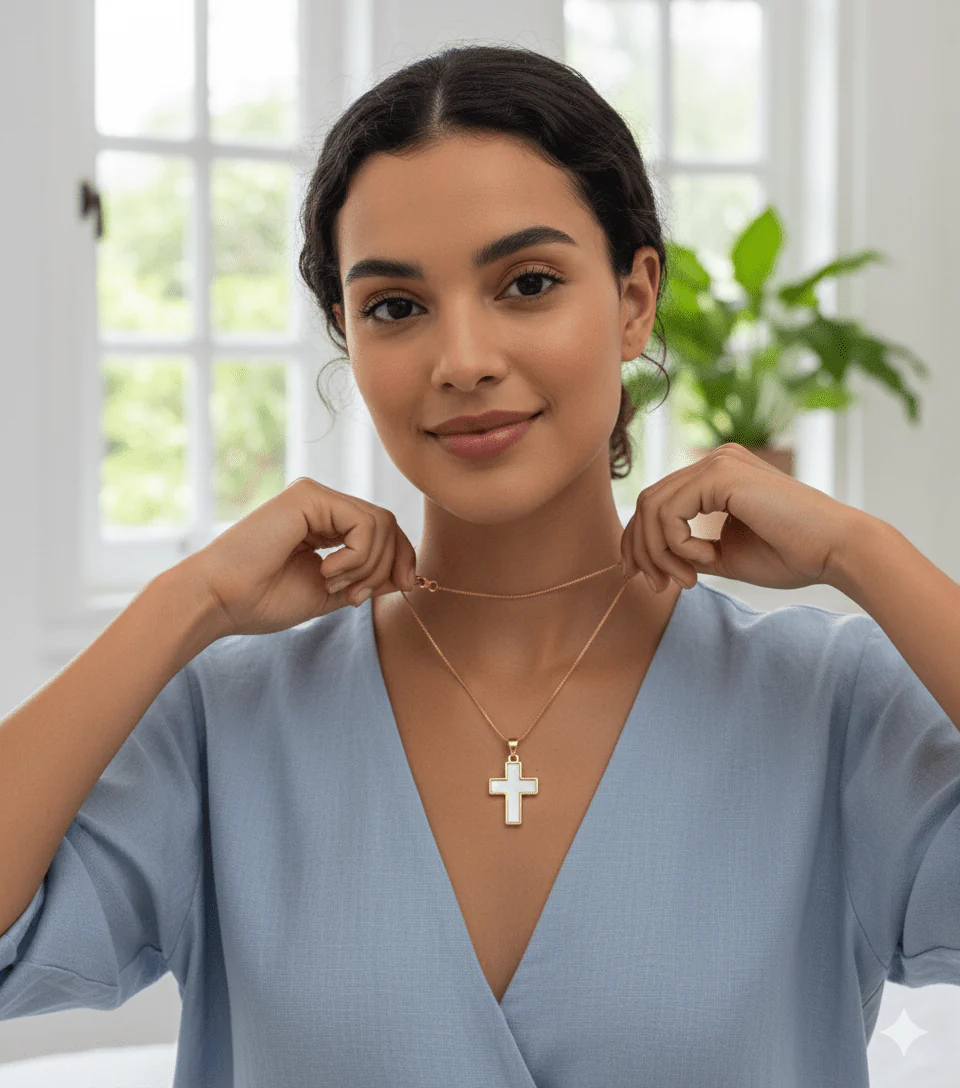 Gold-Plated Cross Necklace w/ Mother-of-Pearl 18-inch - Image 4